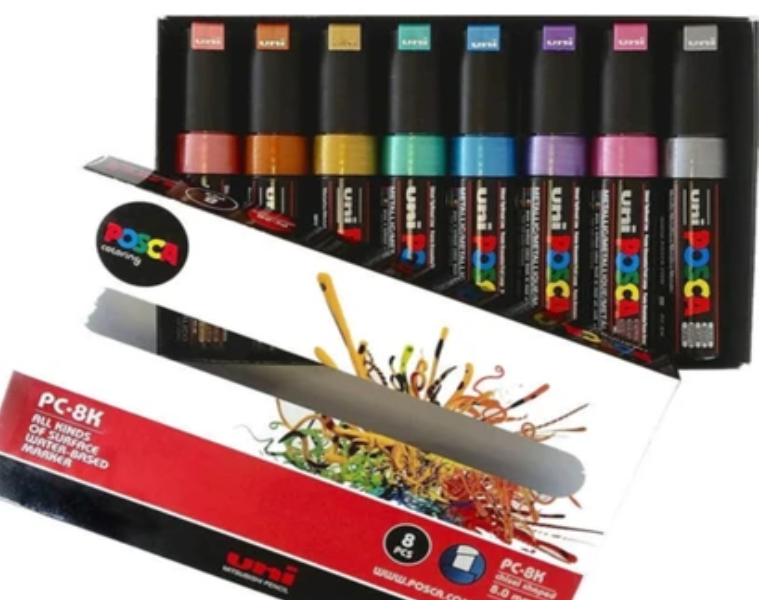 Uni Posca PC-8K Boyama Markörü 8 mm Kesik Uç Metalik 8'li Set