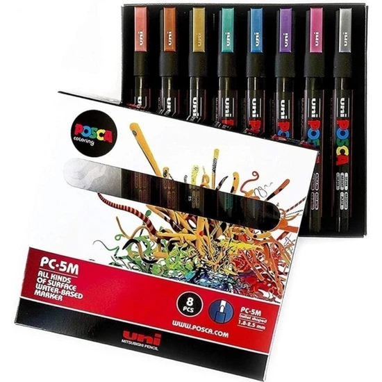 Uni Posca PC-5M Boyama Markörü 1.8-2.5 mm Metalik Renkler 8'li Set