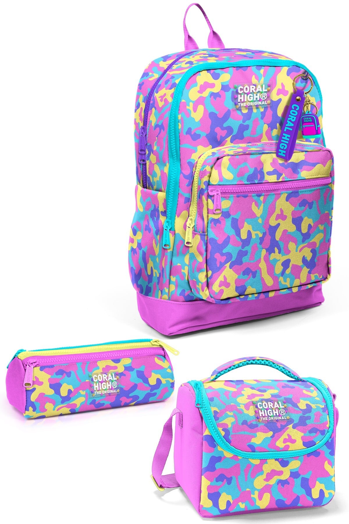 Coral High Kids Pembe Sarı Lavanta Kamuflaj Desenli 3’lü Okul Çanta Seti SET133221
