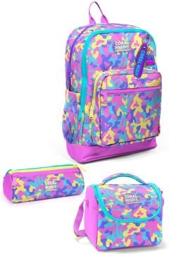 Coral High Kids Pembe Sarı Lavanta Kamuflaj Desenli 3’lü Okul Çanta Seti SET133221
