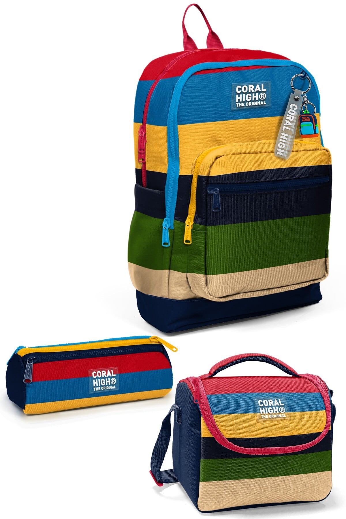 Coral High Kids Lacivert Sarı Kırmızı Çizgi Desenli 3’lü Okul Çanta Seti SET133212