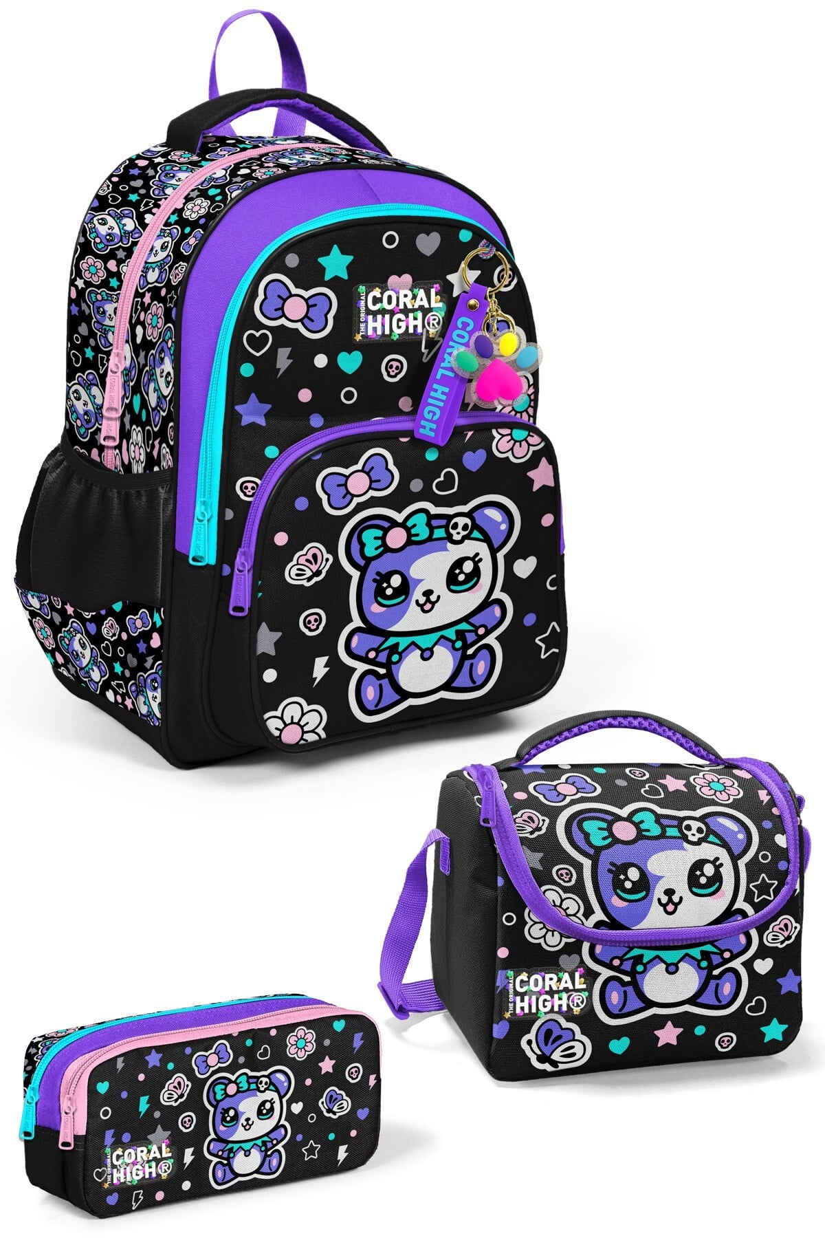 Coral High Kids Siyah Ayıcık Desenli  3’lü Okul Çanta Seti SET133242