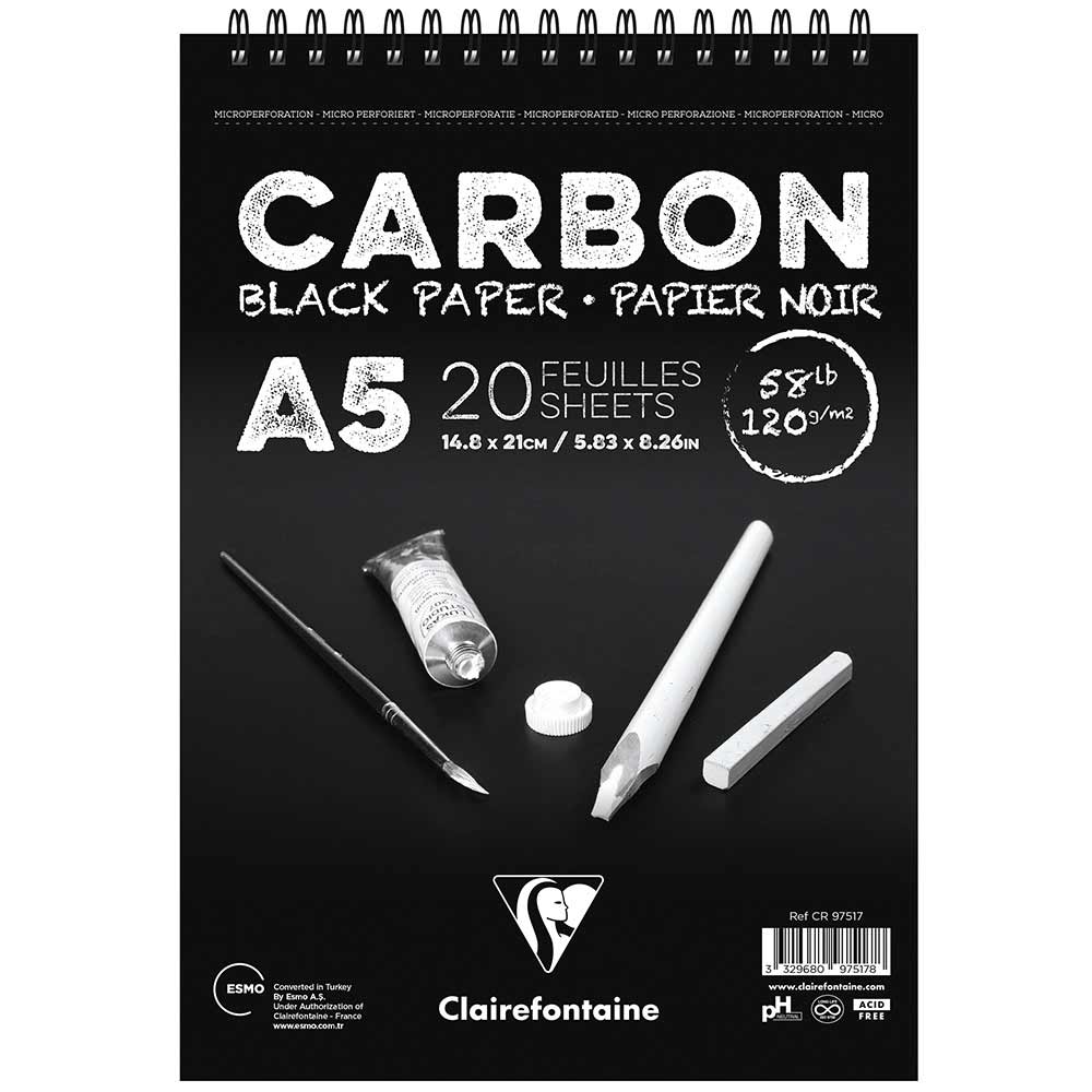 Clairefontaine Carbon 120gr Siyah Üstten Spiralli Resim Blok 20 Sayfa A5