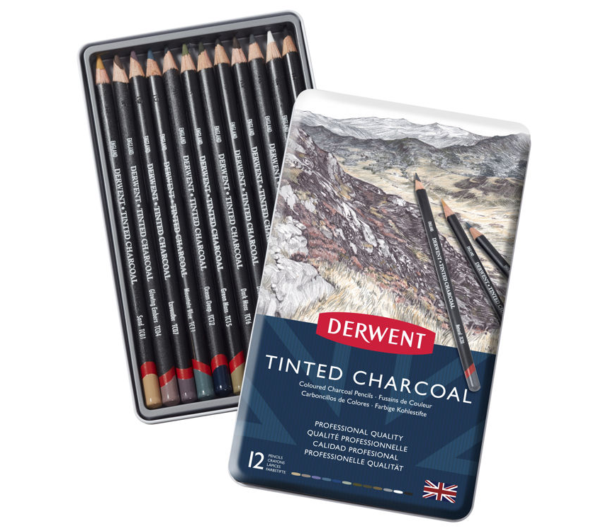 Derwent Tinted Charcoal Renkli Kömür Füzen Seti 12'li Teneke Kutu