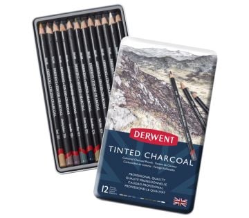 Derwent Tinted Charcoal Renkli Kömür Füzen Seti 12'li Teneke Kutu