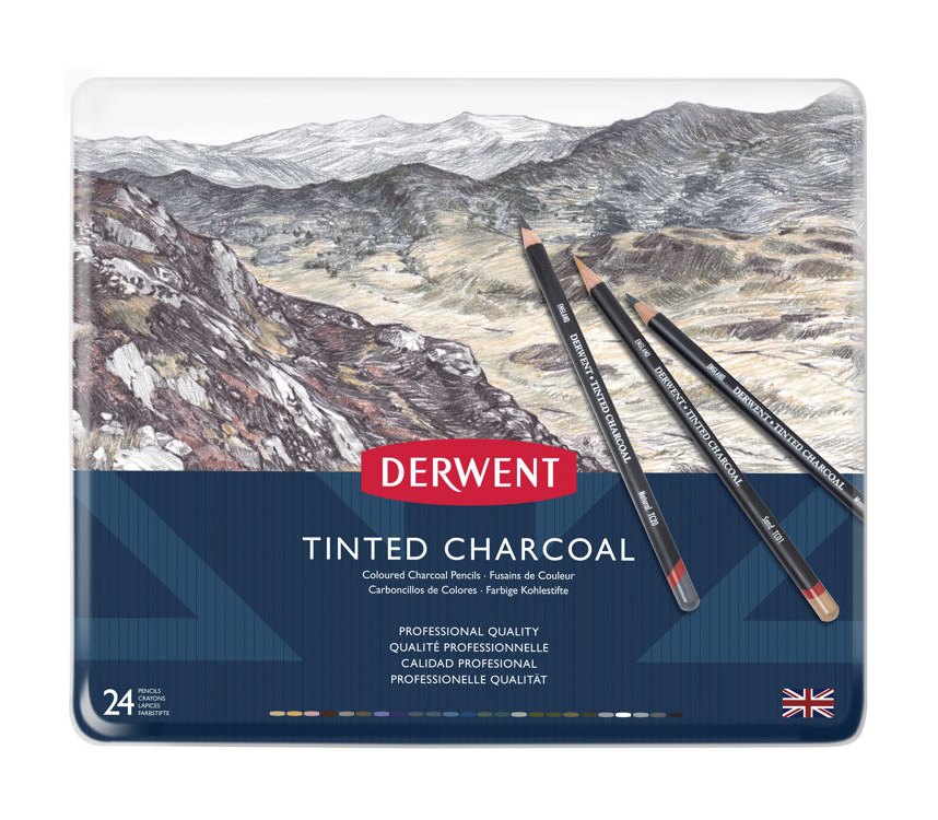 Derwent Tinted Charcoal Renkli Kömür Füzen Seti 24'lü Teneke Kutu