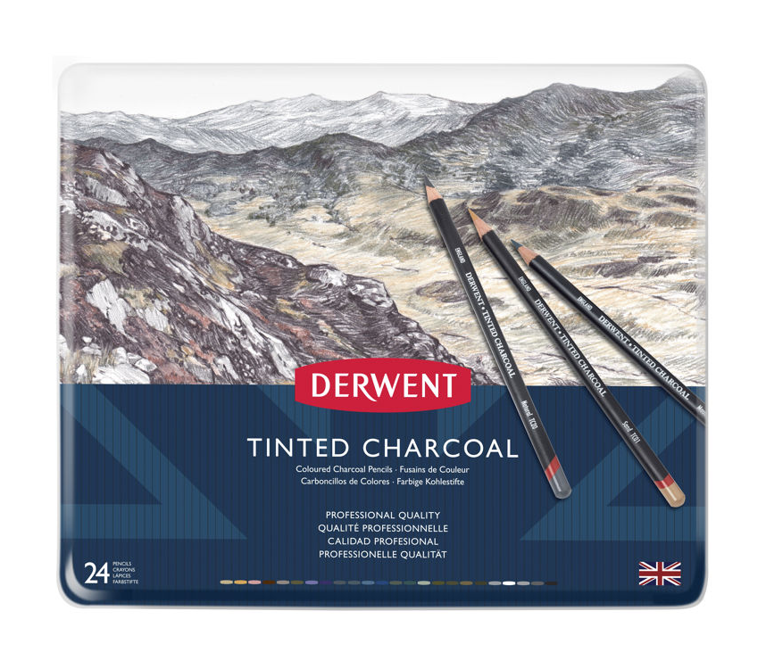 Derwent Tinted Charcoal Renkli Kömür Füzen Seti 24'lü Teneke Kutu