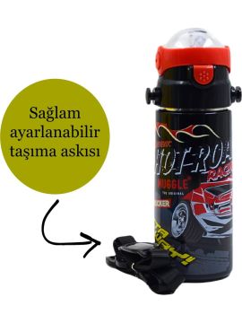 Muggle Pipetli Çelik Matara Araba Desenli Siyah 550 ml
