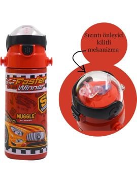 Muggle Pipetli Çelik Matara Araba Desenli Kırmızı 550 ml