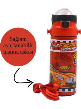 Muggle Pipetli Çelik Matara Araba Desenli Kırmızı 550 ml