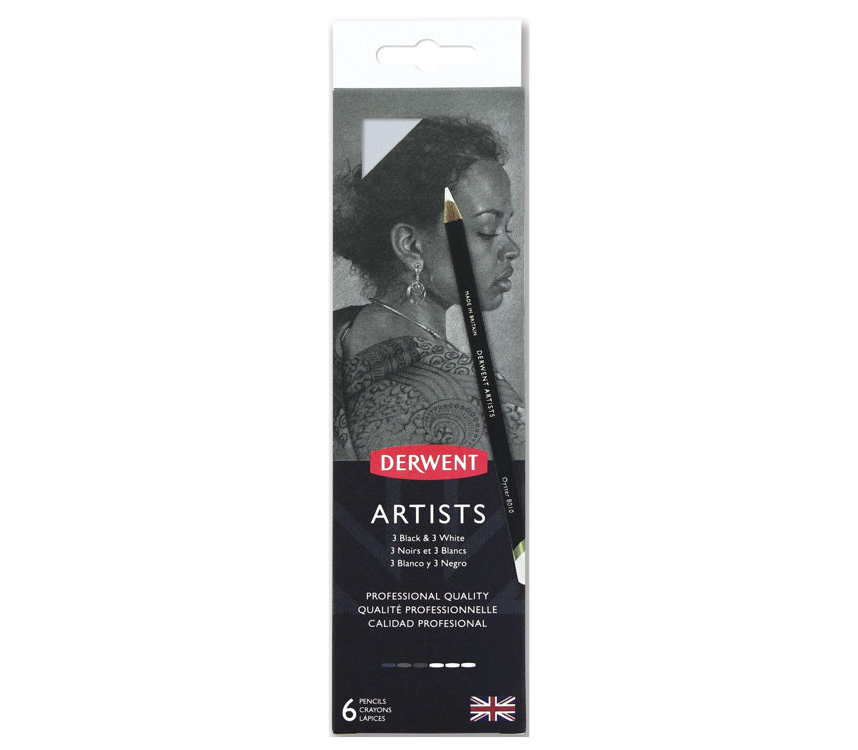 Derwent Artists Pencils Kuruboya Kalemi 6'lı Teneke Kutu (Siyah ve Beyaz Tonları)