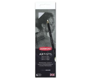 Derwent Artists Pencils Kuruboya Kalemi 6'lı Teneke Kutu (Siyah ve Beyaz Tonları)
