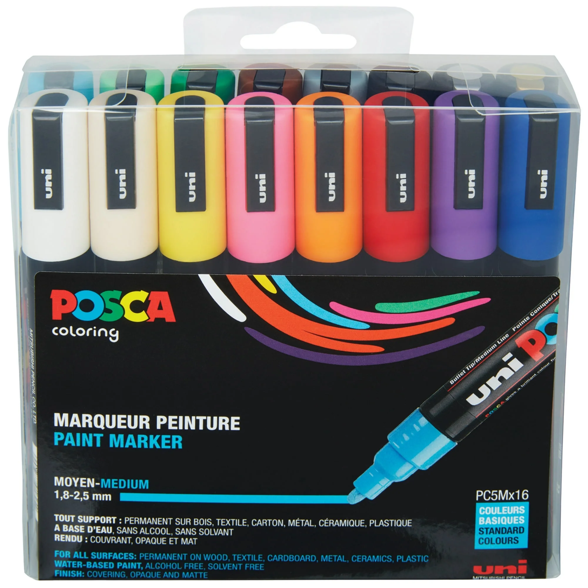 Uni Posca PC-5M Boyama Markörü 1.8-2.5 mm Ana Renkler 16'lı Set