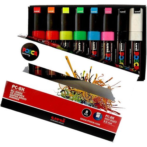 Uni Posca PC-8K Boyama Markörü 8 mm Kesik Uç Floresan Renkler 8'li Set