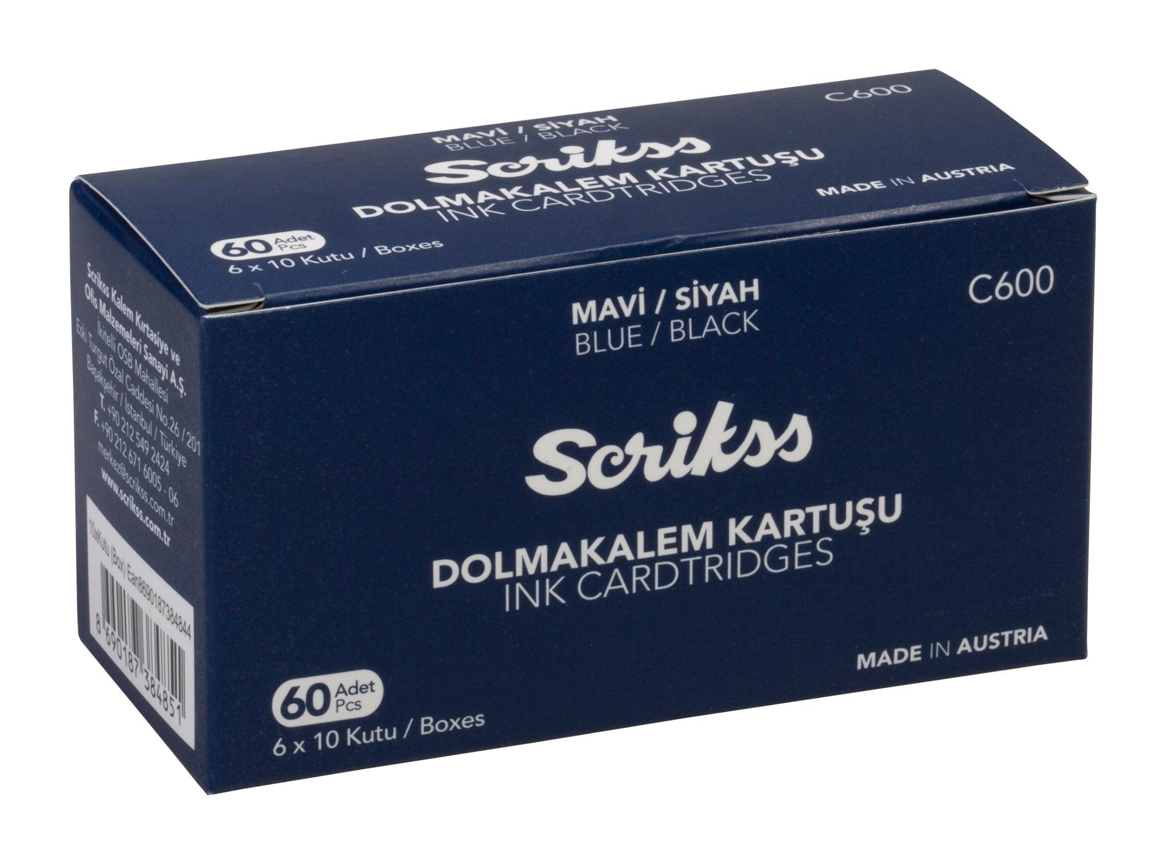 Scrikss Mavi-Siyah Dolma Kalem Kartuşu 6lı