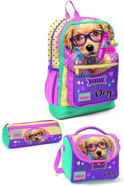 Coral High Kids Sarı Pembe Sevimli Köpek Desenli 3’lü Okul Çanta Seti SET0123752