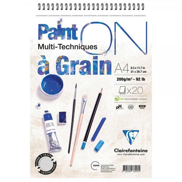 Clairefontaine Paint'On Çok Amaçlı Çizim Blok A4 Üstten Spiralli 200 gr. 20 Yaprak