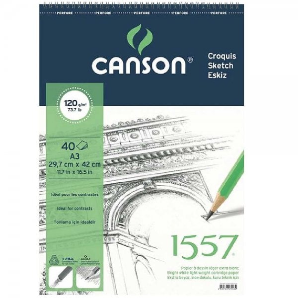 Canson 1557 Eskiz Defteri 120 gr. Üstten Spiralli A3 40 Sayfa