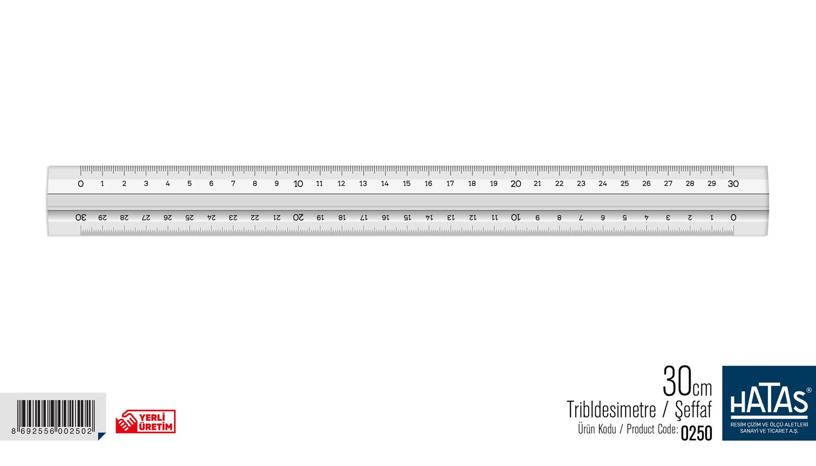 Hatas Tribldesimetre Şeffaf Üçgen Çift Tarafı Santimetre Ölçekli Cetvel 30cm