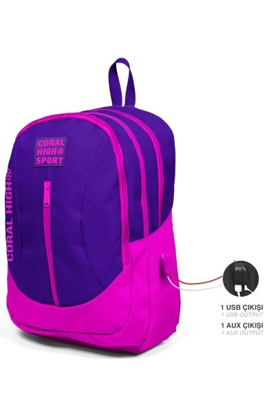 Coral High Sport Mor Pembe Dört Bölmeli USB Şarjlı Kulaklık Çıkışlı Sırt Çantası 23230