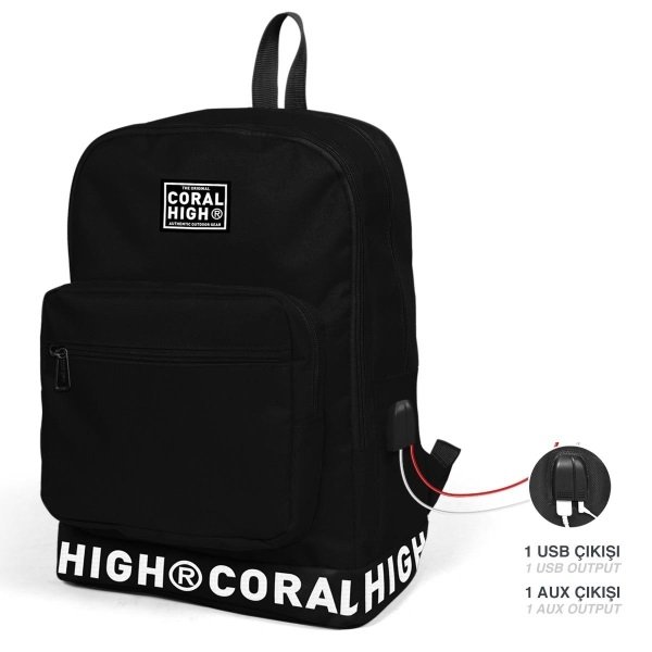 Coral High Siyah Nakış Logolu Dört Bölmeli USB Şarjlı Kulaklık Çıkışlı Sırt Çantası 24101