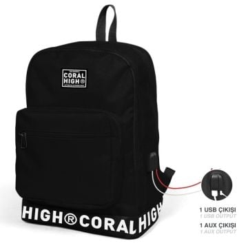 Coral High Siyah Nakış Logolu Dört Bölmeli USB Şarjlı Kulaklık Çıkışlı Sırt Çantası 24101