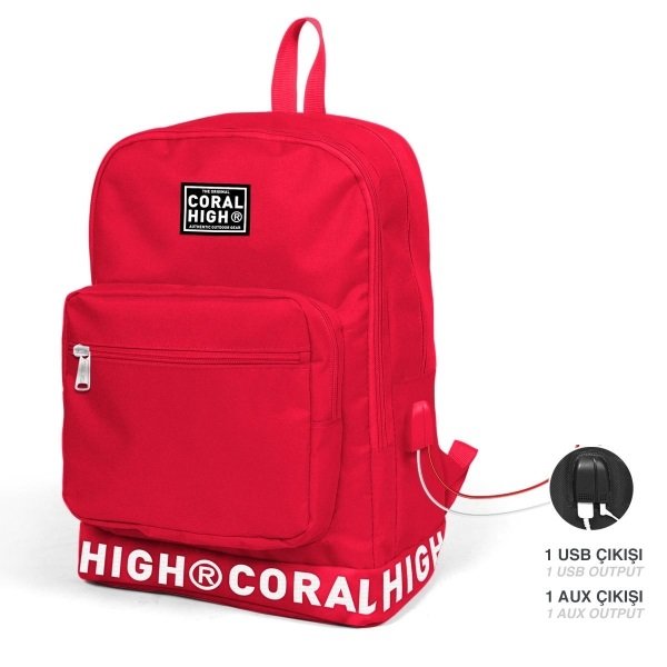 Coral High Kırmızı Nakış Logolu Dört Bölmeli USB Şarjlı Kulaklık Çıkışlı Sırt Çantası 24103