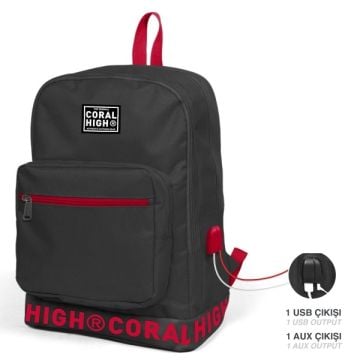 Coral High Koyu Gri Nakış Logolu Dört Bölmeli USB Şarjlı Kulaklık Çıkışlı Sırt Çantası 24105