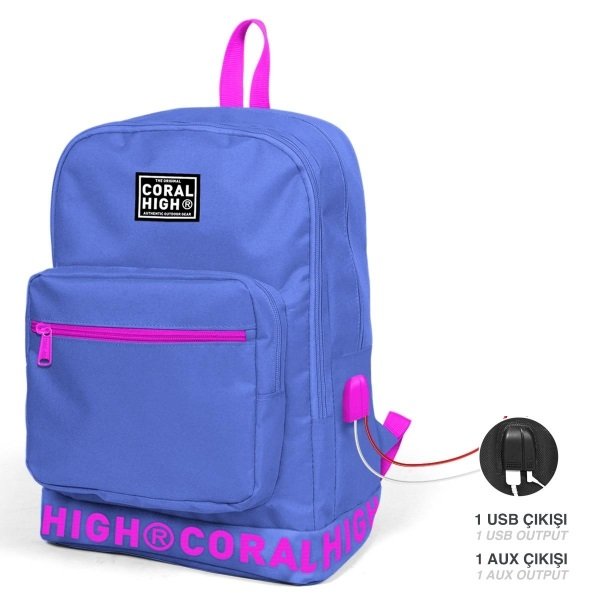 Coral High Lavanta Nakış Logolu Dört Bölmeli USB Şarjlı Kulaklık Çıkışlı Sırt Çantası 24106
