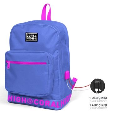 Coral High Lavanta Nakış Logolu Dört Bölmeli USB Şarjlı Kulaklık Çıkışlı Sırt Çantası 24106
