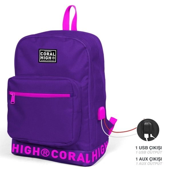 Coral High Mor Nakış Logolu Dört Bölmeli USB Şarjlı Kulaklık Çıkışlı Sırt Çantası 24109