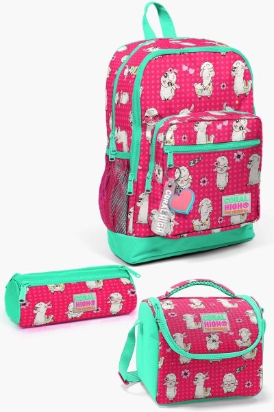 Coral High Kids Neon Mercan Su Yeşili Alpaka Desenli 3’lü Okul Çanta Seti SET0123466