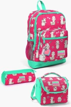 Coral High Kids Neon Mercan Su Yeşili Alpaka Desenli 3’lü Okul Çanta Seti SET0123466