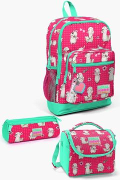 Coral High Kids Neon Mercan Su Yeşili Alpaka Desenli 3’lü Okul Çanta Seti SET0123466