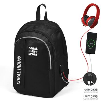 Coral High Sport Siyah Beş Bölmeli USB Şarjlı Kulaklık Çıkışlı Sırt Çantası 23241