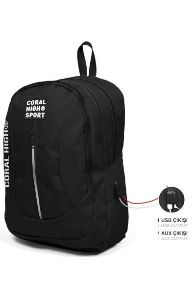 Coral High Sport Siyah Dört Bölmeli USB Şarjlı Kulaklık Çıkışlı Sırt Çantası 23226