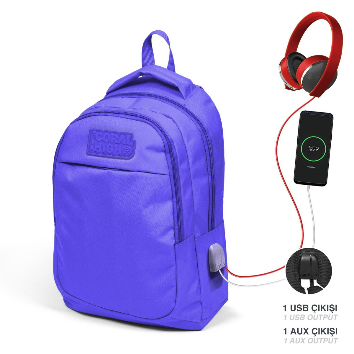 Coral High Kids Lavanta Üç Bölmeli USB'li Okul Sırt Çantası 24315