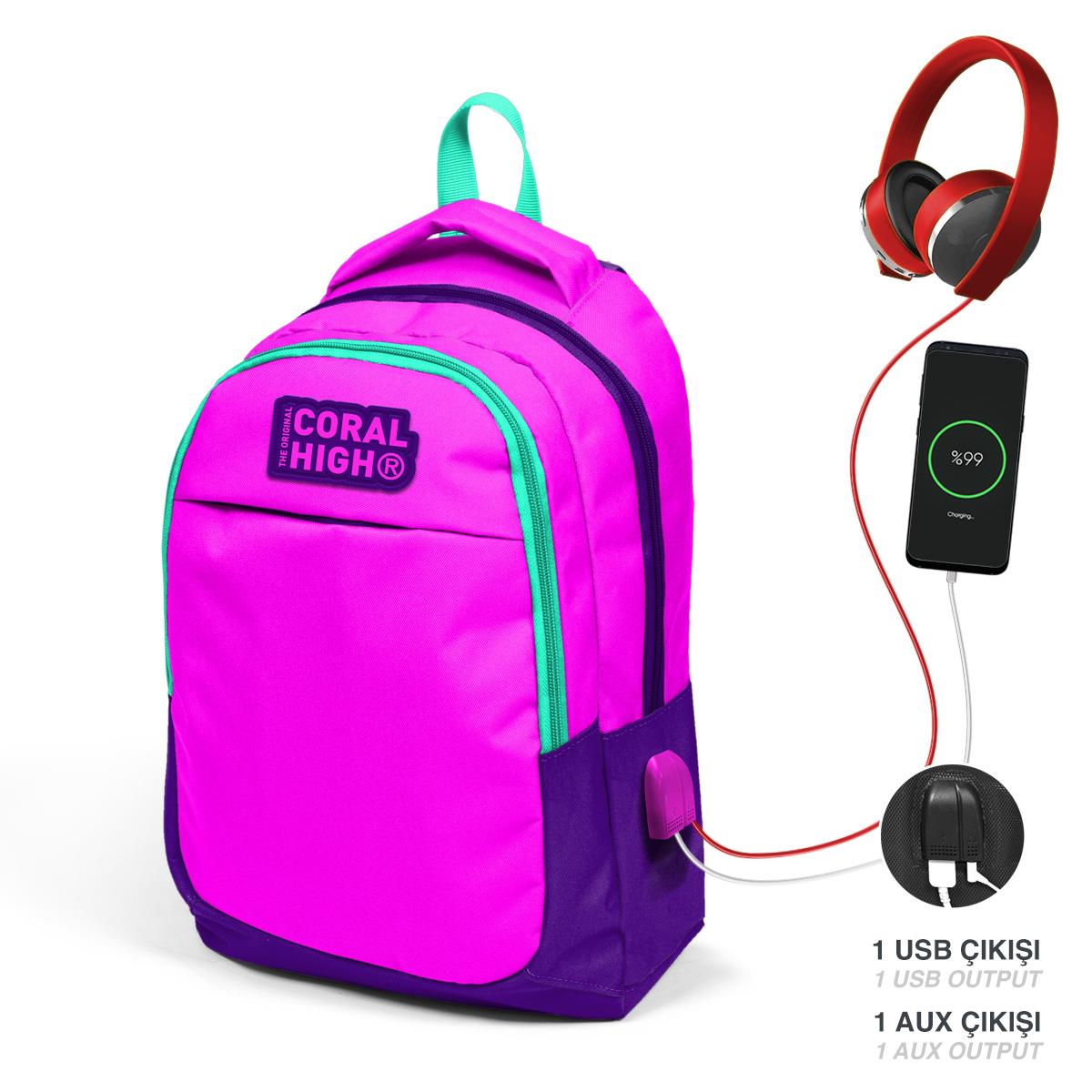 Coral High Kids Pembe Mor Üç Bölmeli USB'li Okul Sırt Çantası 24314