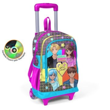 Coral High Gri Mavi Pembe Anime Desenli Üç Bölmeli Çekçekli Okul Sırt Çantası 23937