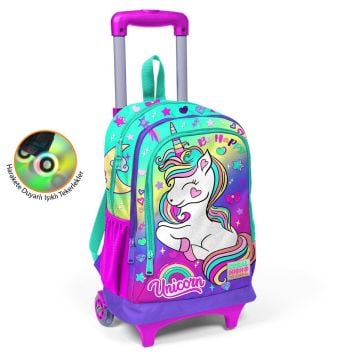 Coral High Kids Lavanta Su Yeşili Unicorn Desenli Üç Bölmeli Çekçekli Okul Sırt Çantası 23929
