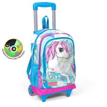Coral High Kids Mavi Neon Pembe Unicorn Desenli Üç Bölmeli Çekçekli Okul Sırt Çantası 23911