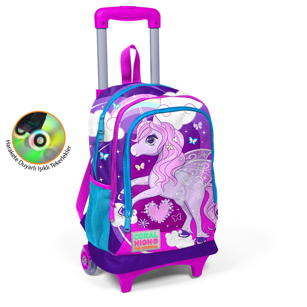 Coral High Kids Mor Pembe Unicorn Desenli Üç Bölmeli Çekçekli Okul Sırt Çantası 23908