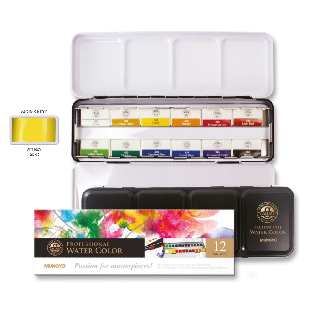 Mungyo Profesyonel Sulu Boya Metal Kutu Tam Boy 12 Renk