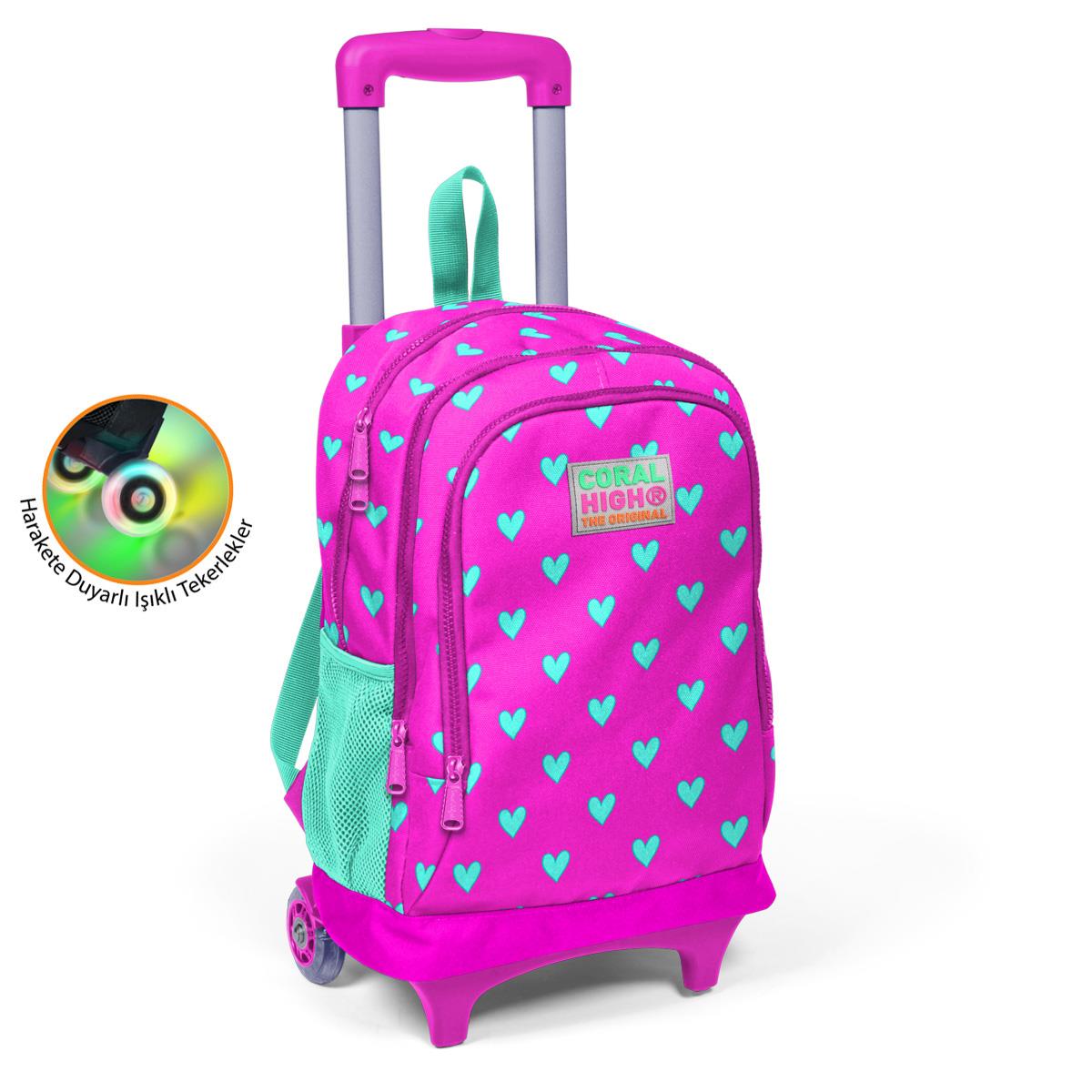 Coral High Kids Neon Pembe Su Yeşili Kalp Desenli Üç Bölmeli Çekçekli Okul Sırt Çantası 23133
