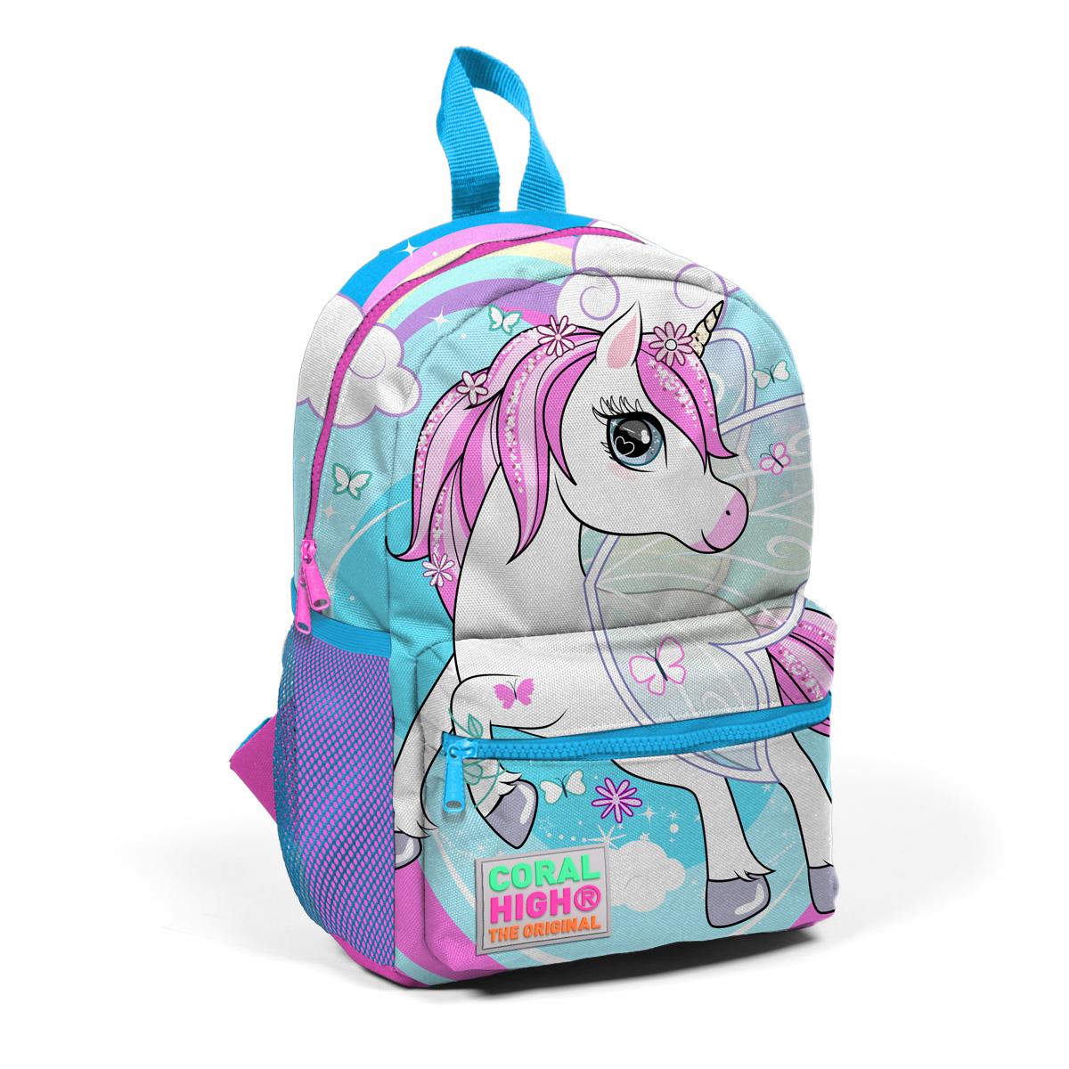 Coral High Minik Yuva Sırt Çantası Mavi Neon Pembe Unicorn Desenli İki Bölmeli 23511
