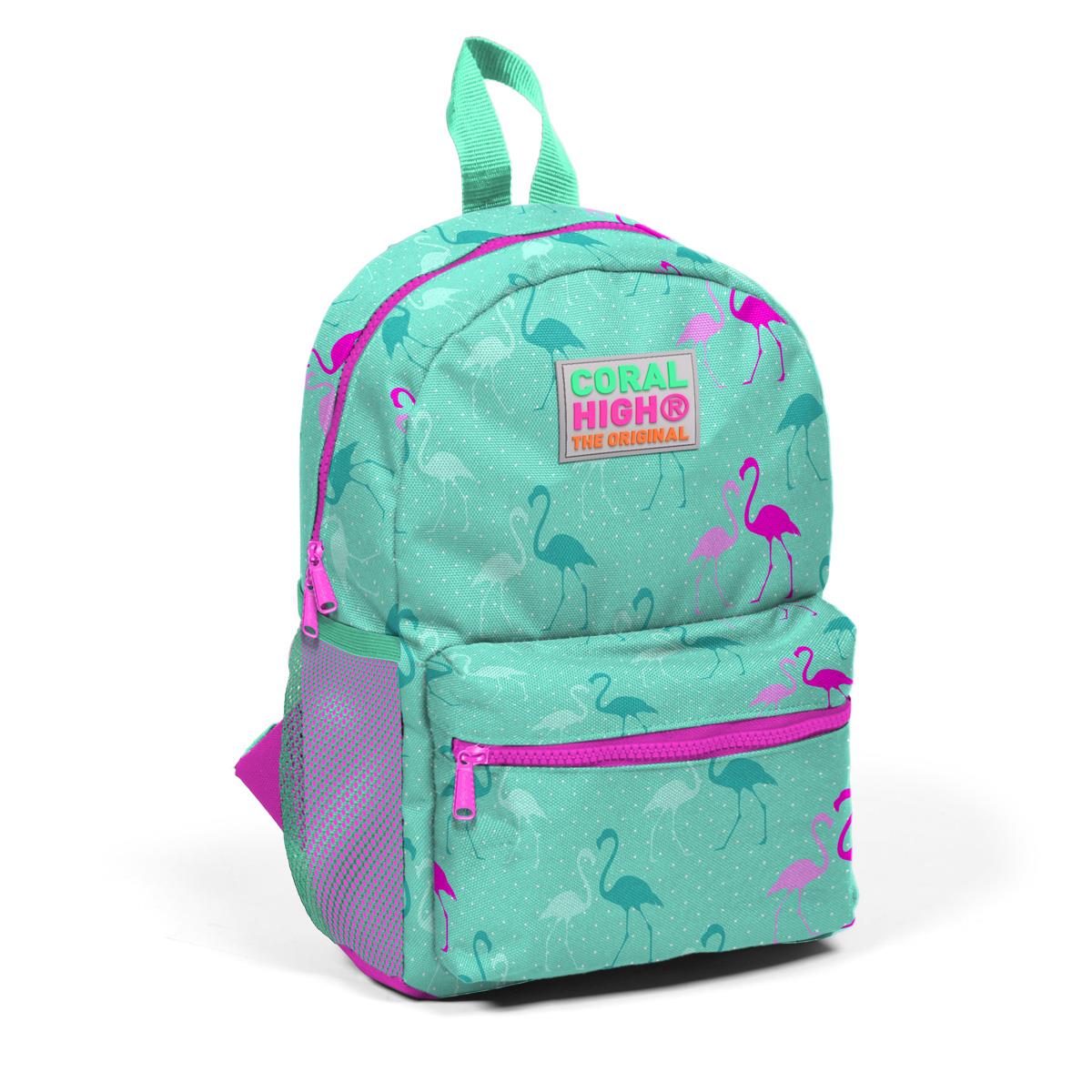 Coral High Minik Yuva Sırt Çantası Su Yeşili Neon Pembe Flamingo Desenli İki Bölmeli 23339