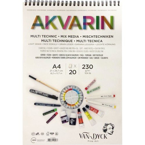 Van Dyck Akvarin Çok Amaçlı Defter A4 230GR Spiralli 20 Yaprak
