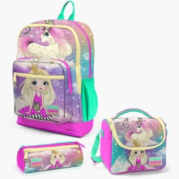 Coral High Kids Pembe Su Yeşili Unicornlu Kız Desenli 3’lü Okul Çanta Seti SET0123733