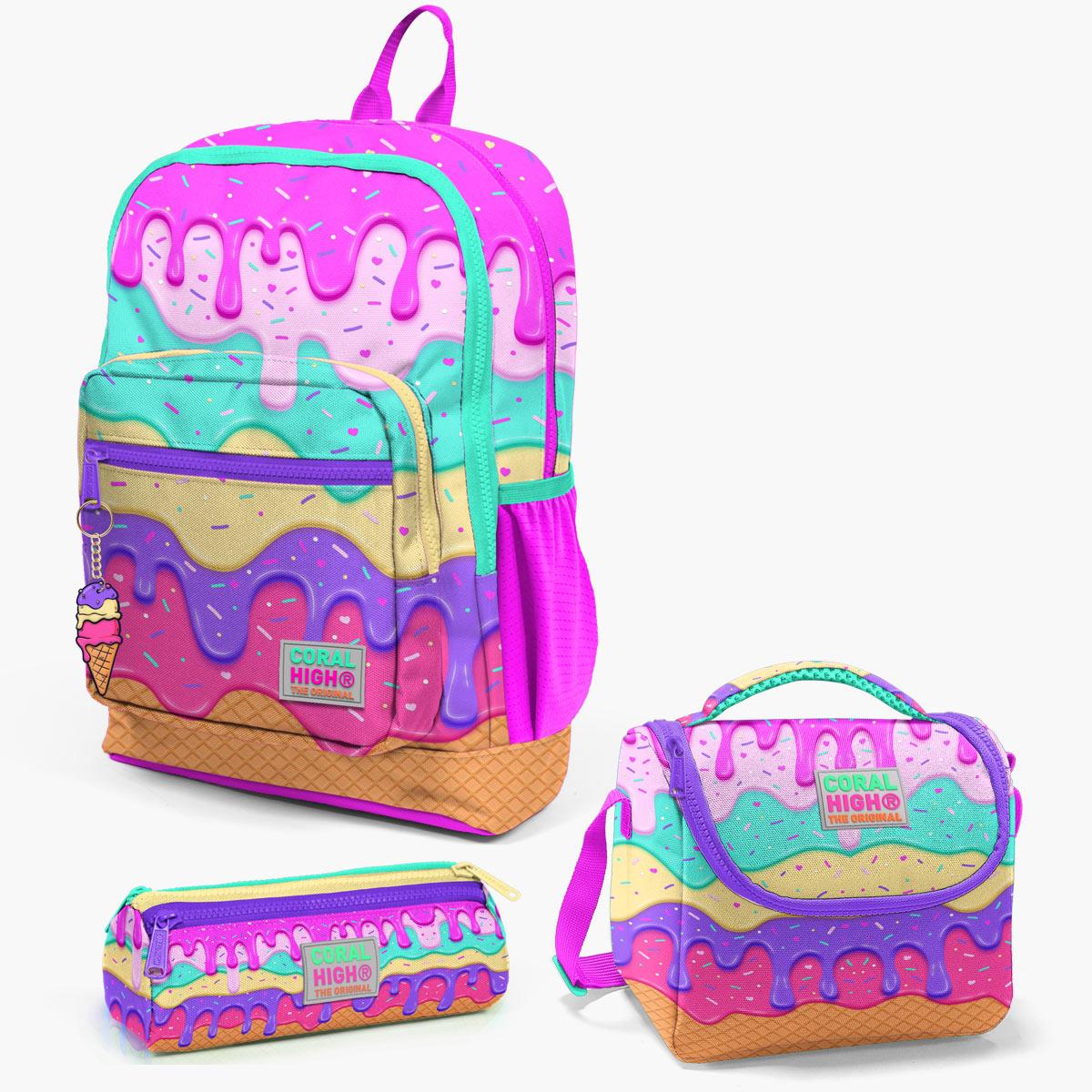 Coral High Kids Pembe Rengarenk Dondurma Desenli 3’lü Okul Çanta Seti SET0123731