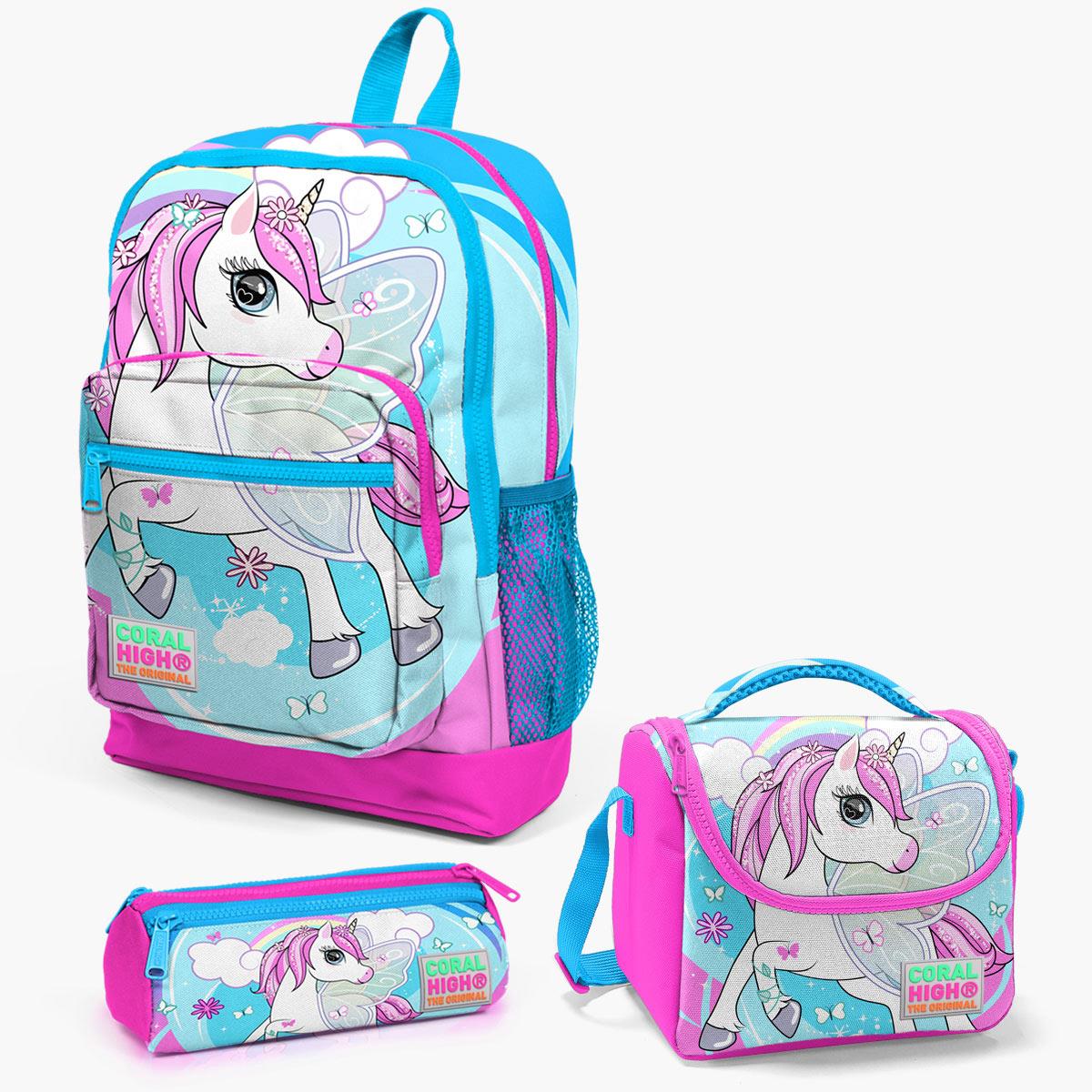 Coral High Kids Mavi Neon Pembe Unicorn Desenli 3’lü Okul Çanta Seti SET0123711
